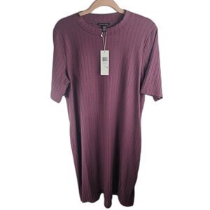Eileen Fisher Size Large NWT T-Shirt Dress Mock Neck Ribbed Knit Fig Purple